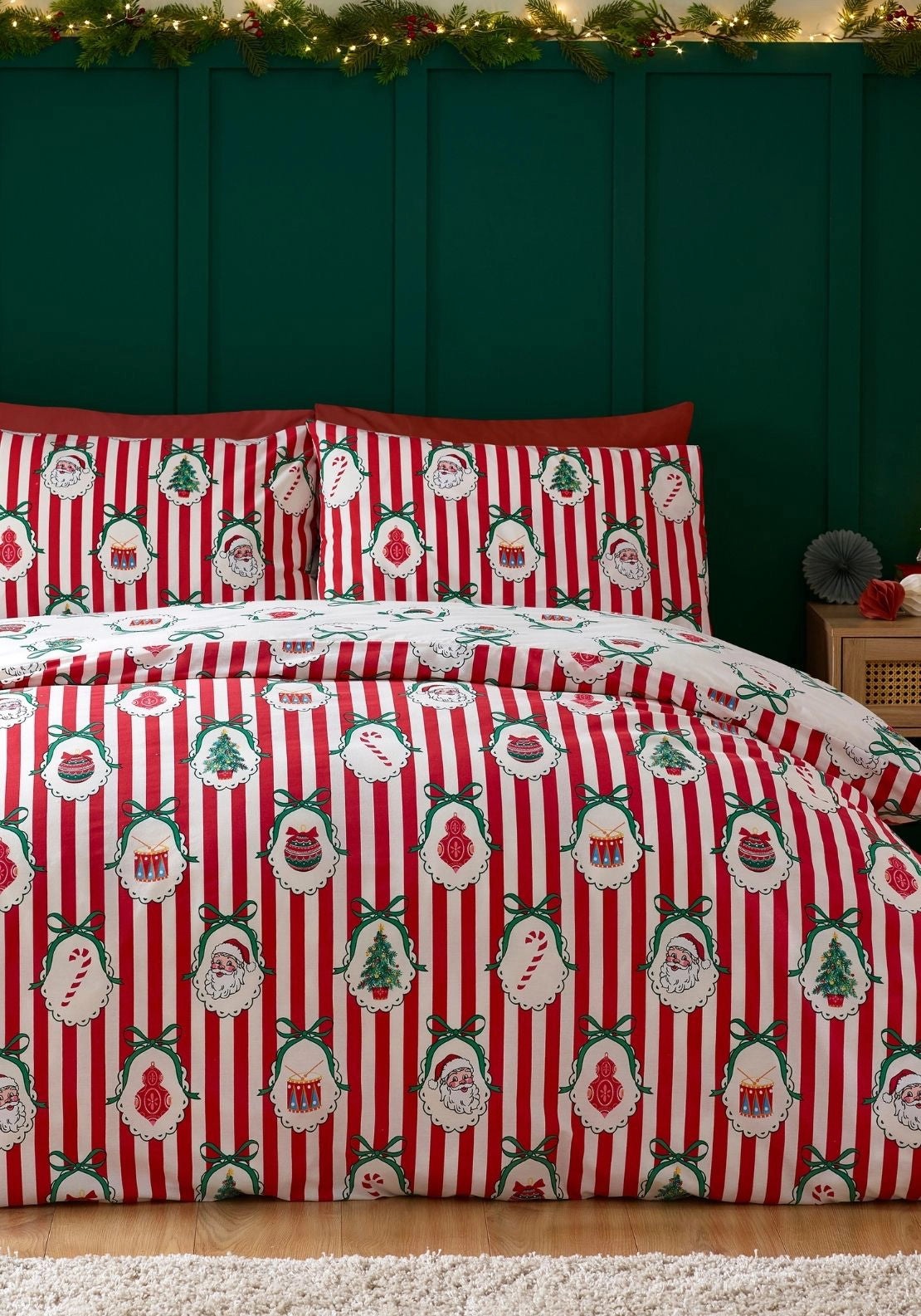 Catherine Lansfield Christmas Vintage Stripe Reversible Duvet Cover Set - Red 1 Shaws Department Stores