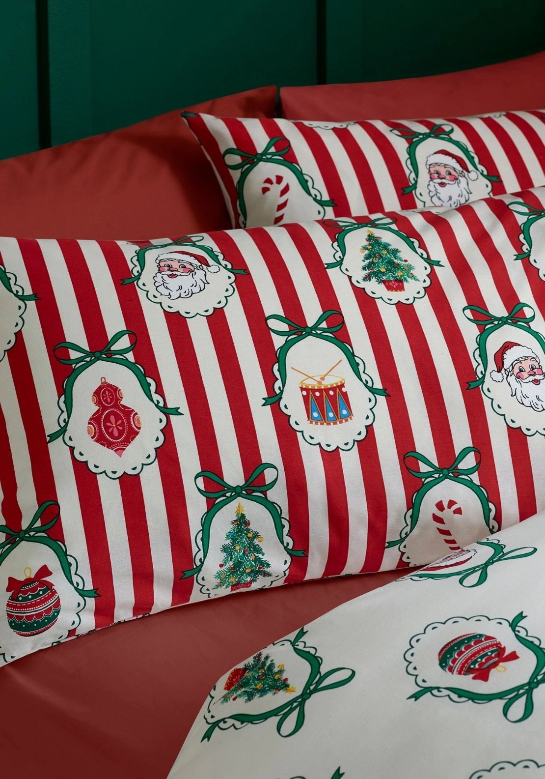 Catherine Lansfield Christmas Vintage Stripe Reversible Duvet Cover Set - Red 3 Shaws Department Stores