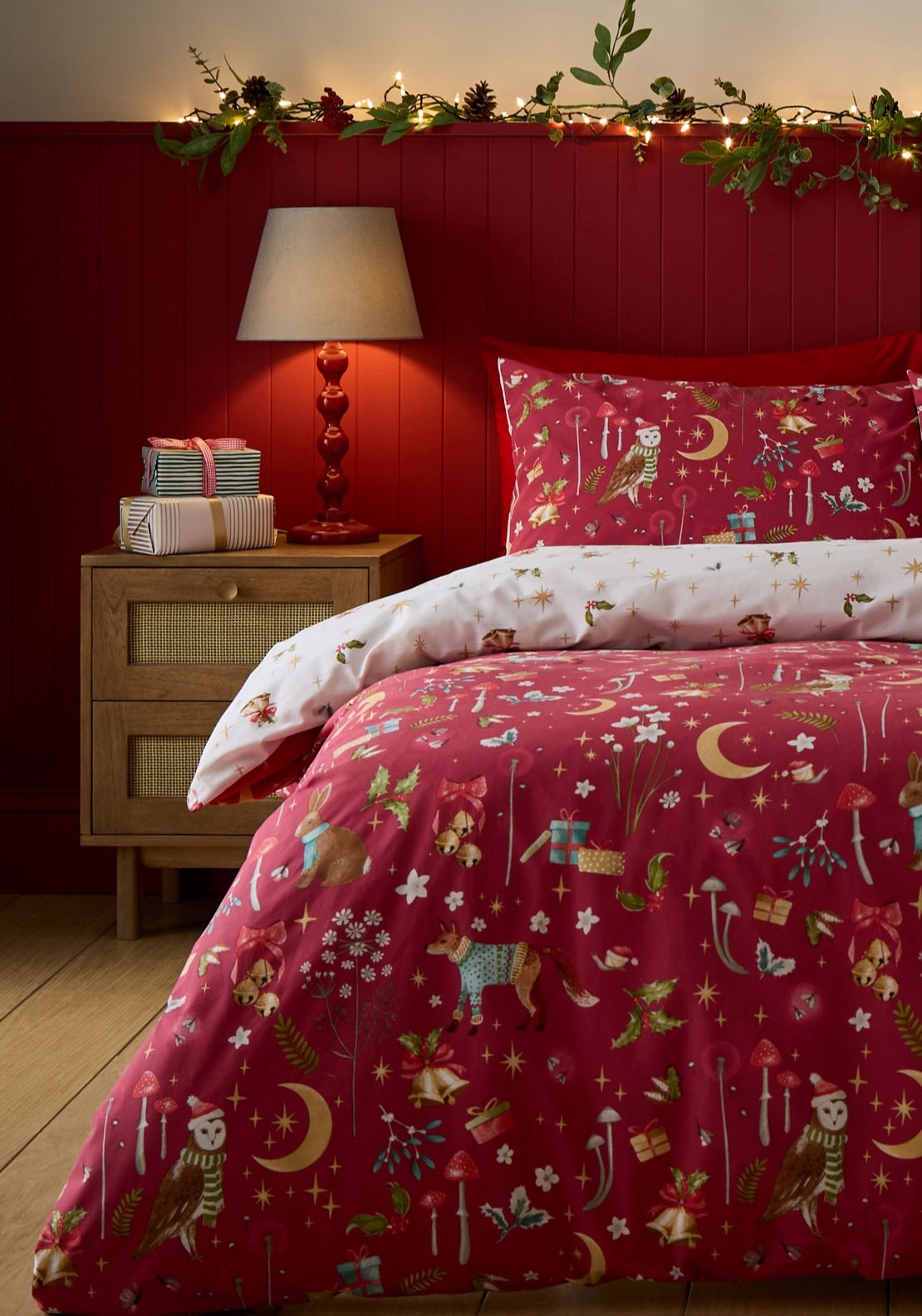Catherine Lansfield Christmas Enchanted Twilight Reversible Duvet Cover Set - Red 1 Shaws Department Stores