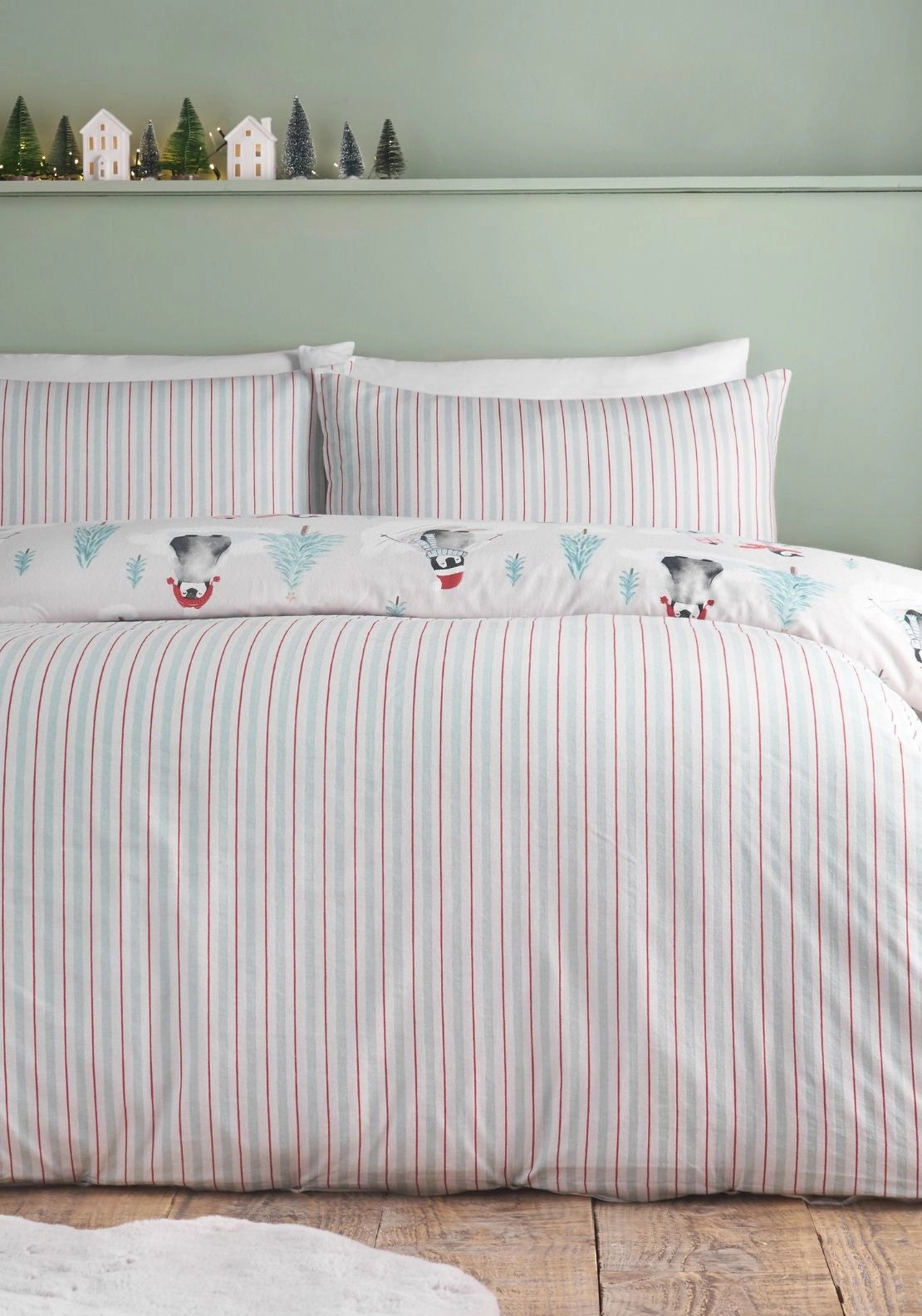 Catherine Lansfield 100% Brushed Cotton Christmas Penguins Reversible Duvet Cover Set - Green 2 Shaws Department Stores