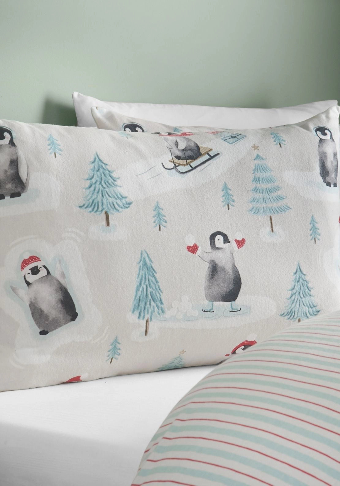 Catherine Lansfield 100% Brushed Cotton Christmas Penguins Reversible Duvet Cover Set - Green 3 Shaws Department Stores
