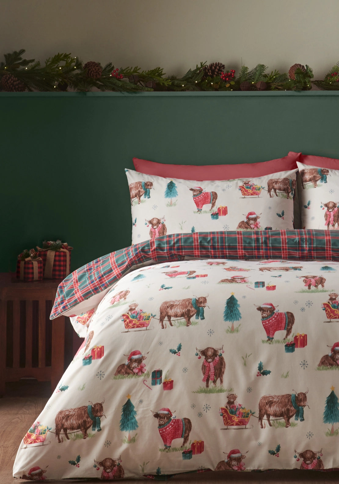 Catherine Lansfield Christmas Highland Cow Reversible Duvet Cover Set - Beige 1 Shaws Department Stores