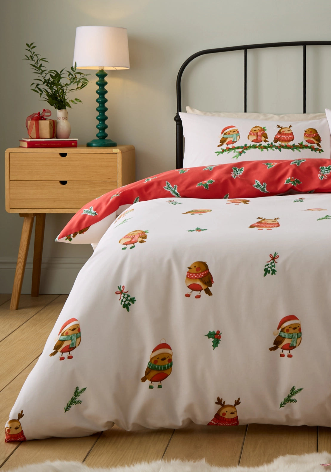 Catherine Lansfield Christmas Robins Reversible Duvet Cover Set - Red 1 Shaws Department Stores