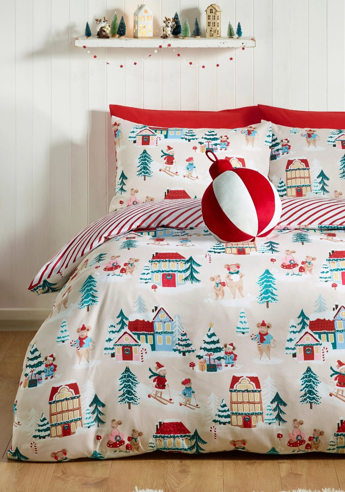 Catherine Lansfield Christmas Mouse Town Reversible Duvet Cover Set - Beige 5 Shaws Department Stores