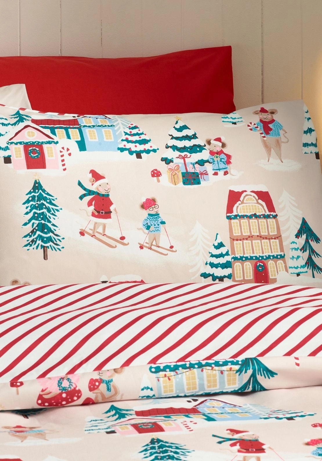 Catherine Lansfield Christmas Mouse Town Reversible Duvet Cover Set - Beige 3 Shaws Department Stores