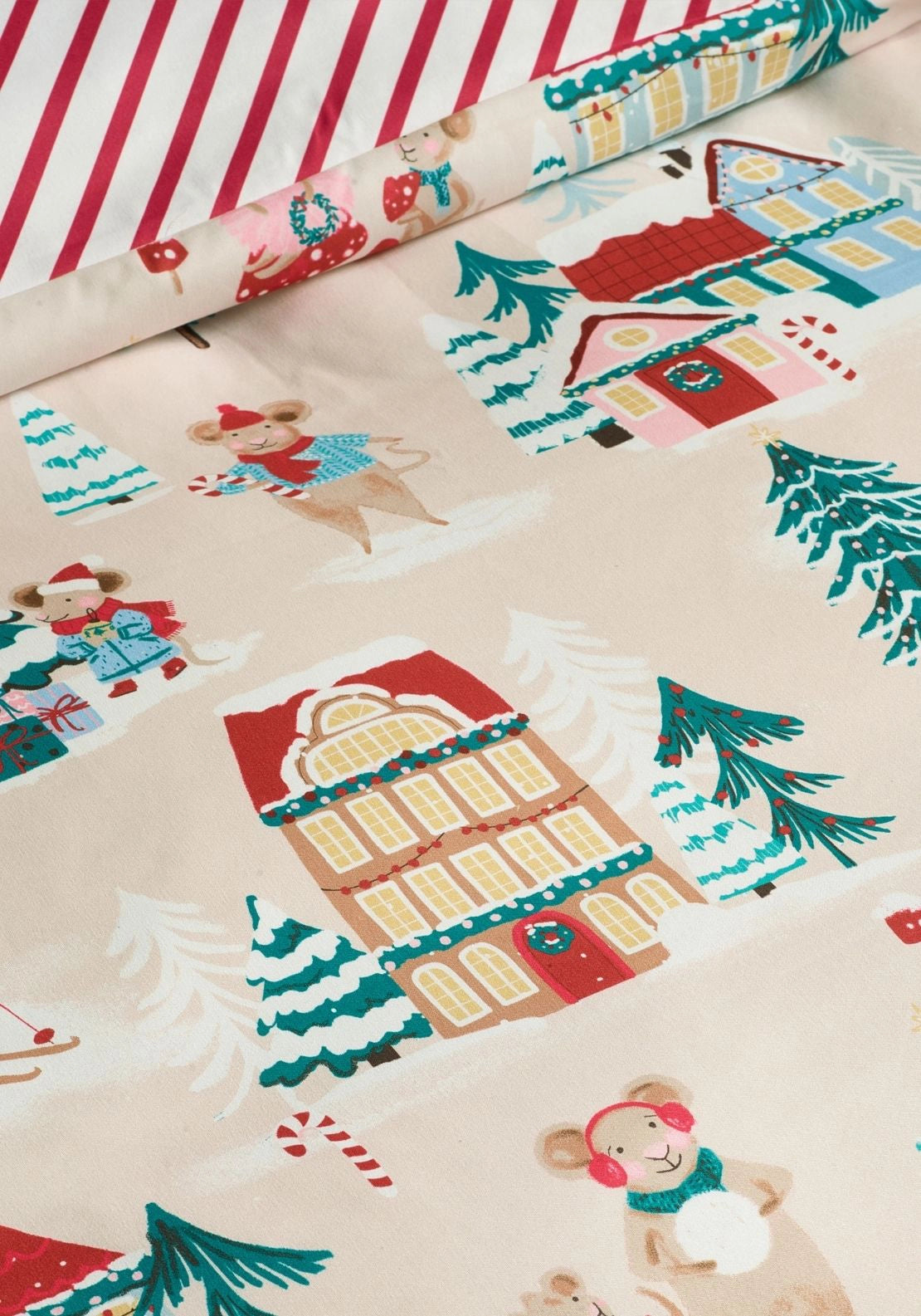 Catherine Lansfield Christmas Mouse Town Reversible Duvet Cover Set - Beige 4 Shaws Department Stores