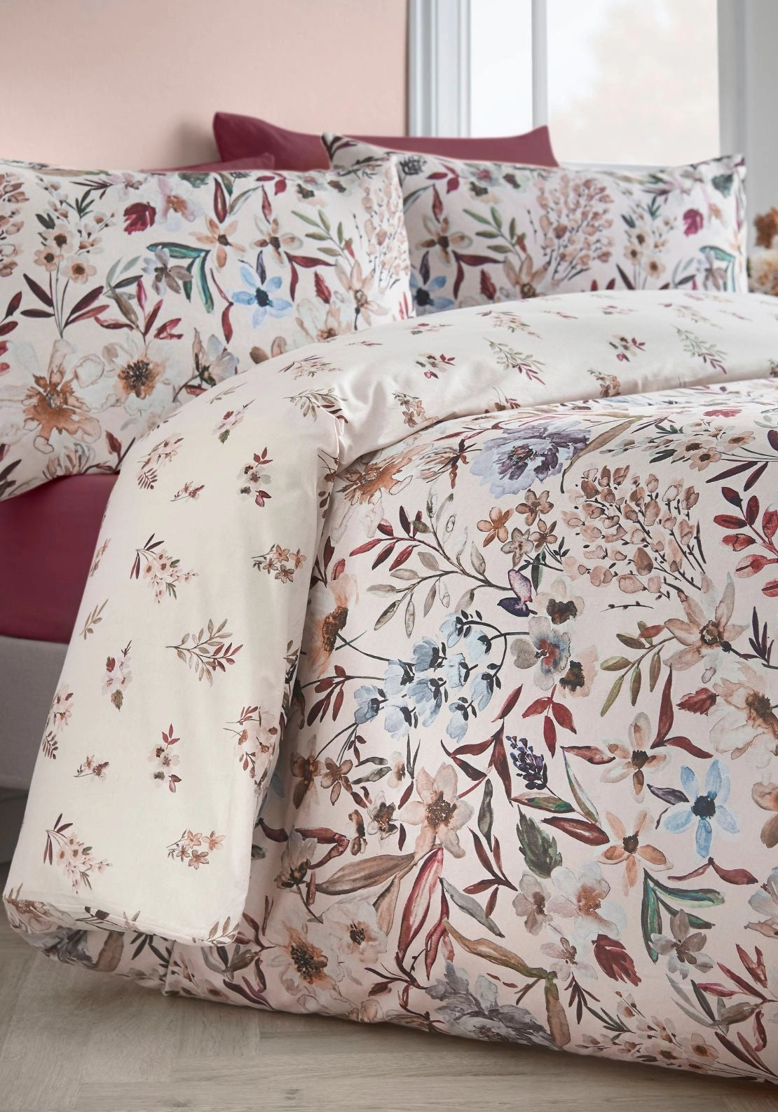 Watercolour Floral 100% Cotton Reversible Duvet Cover Set - Pink