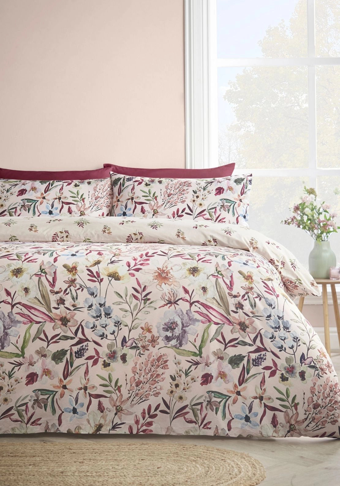 Watercolour Floral 100% Cotton Reversible Duvet Cover Set - Pink