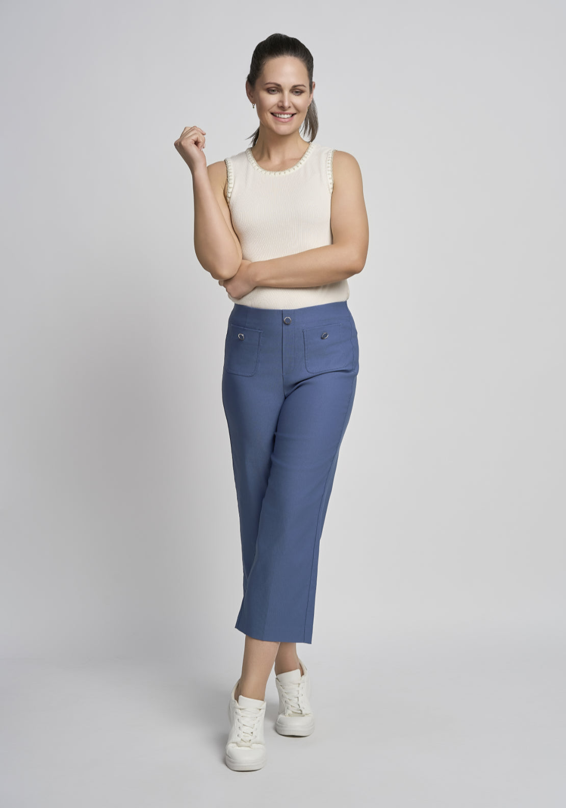Wide Leg Crop Pull On Trouser - Blue