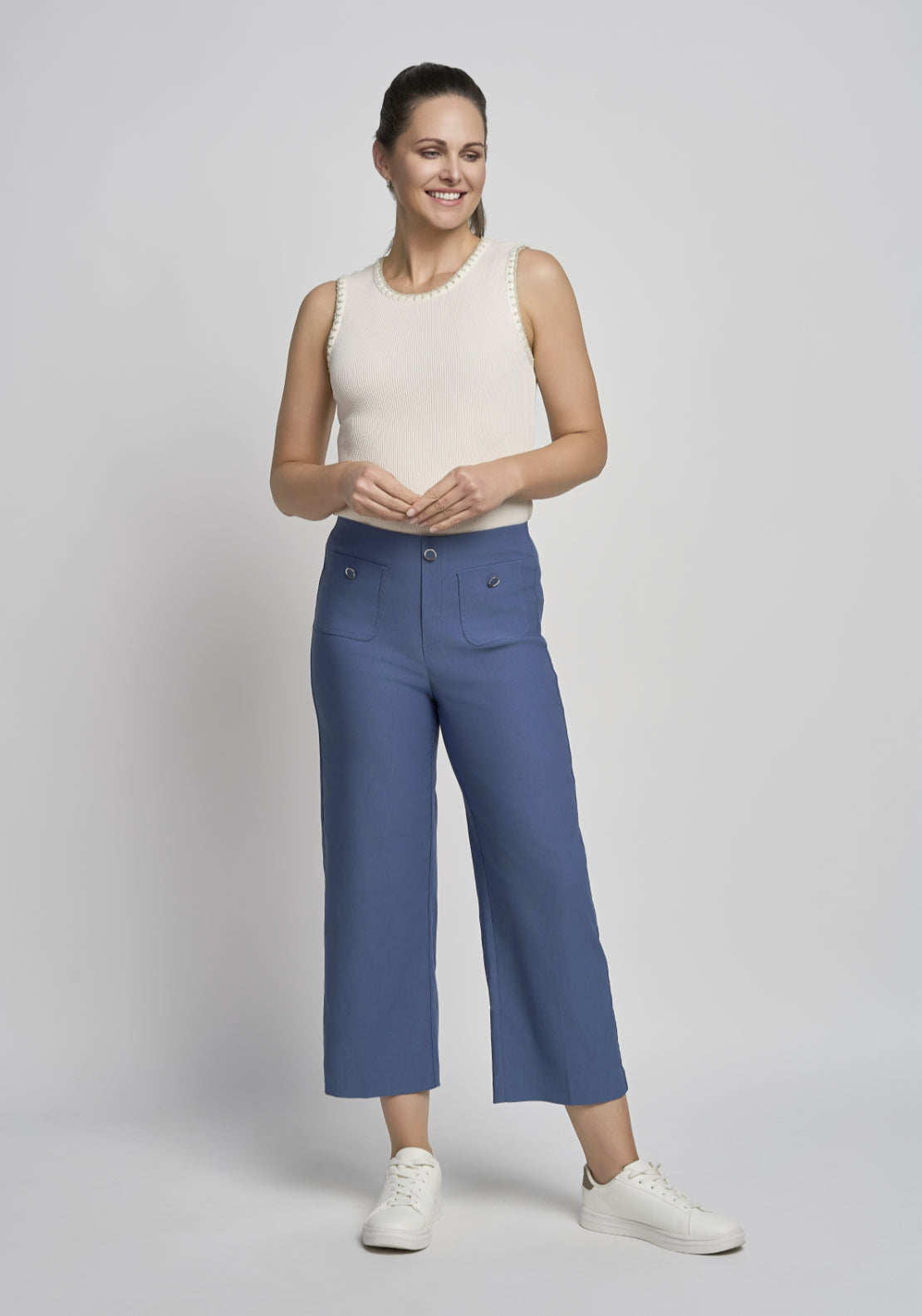 Wide Leg Crop Pull On Trouser - Blue