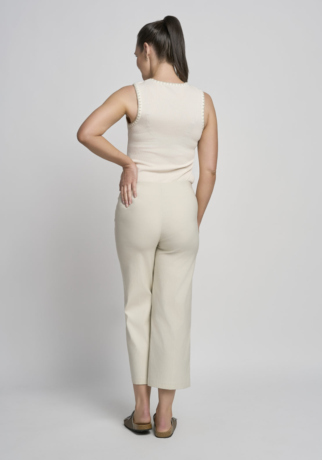 Wide Leg Crop Pull On Trouser - Ecru