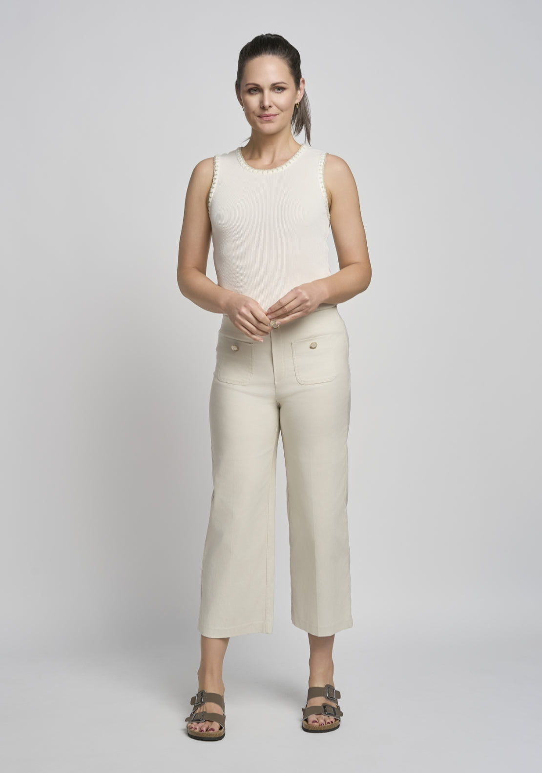 Wide Leg Crop Pull On Trouser - Ecru