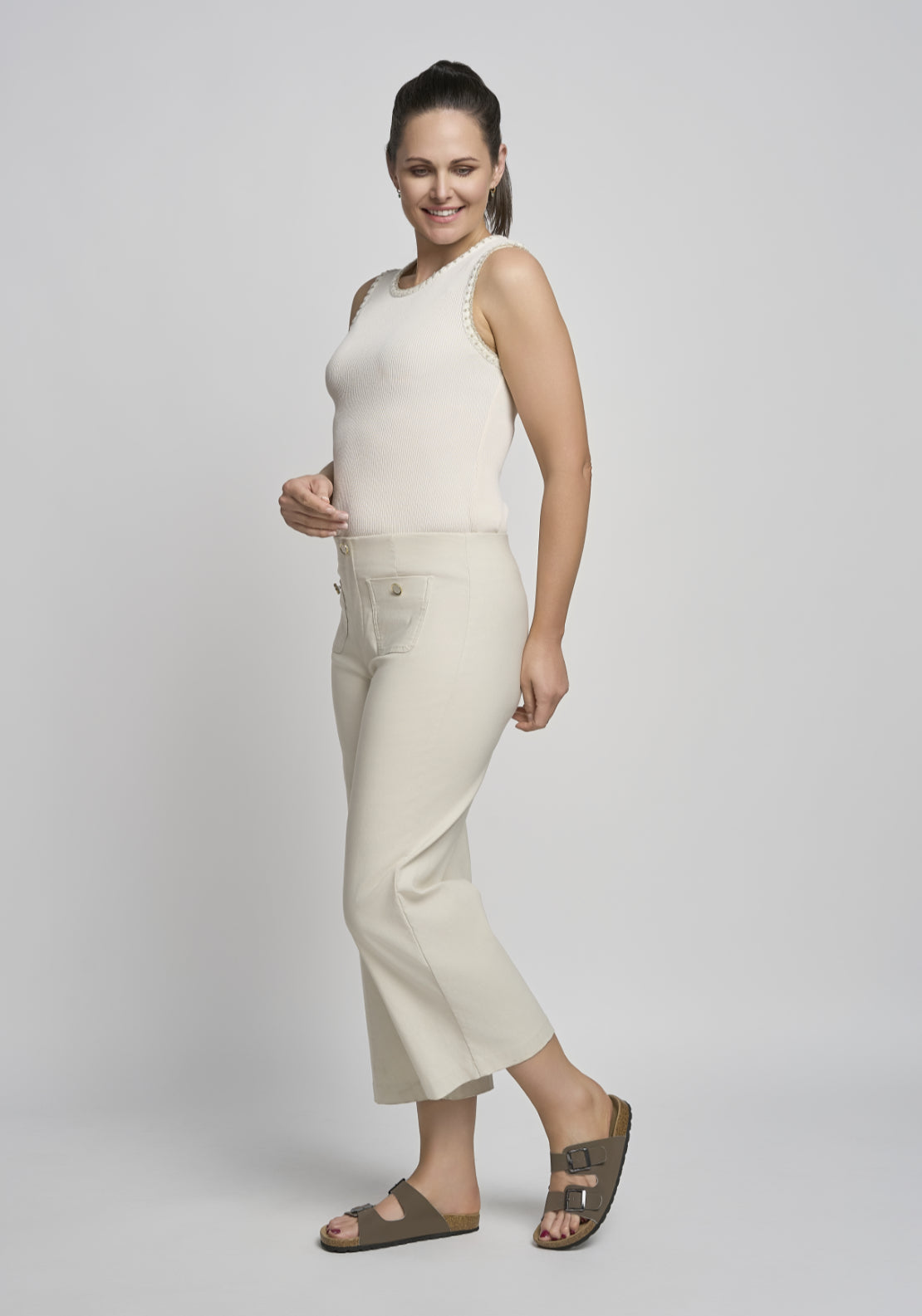 Wide Leg Crop Pull On Trouser - Ecru