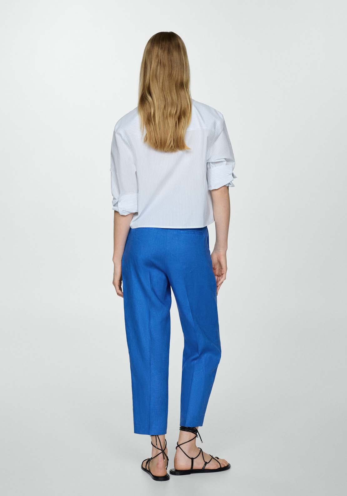 Mango 100% linen straight trousers - Blue 3 Shaws Department Stores