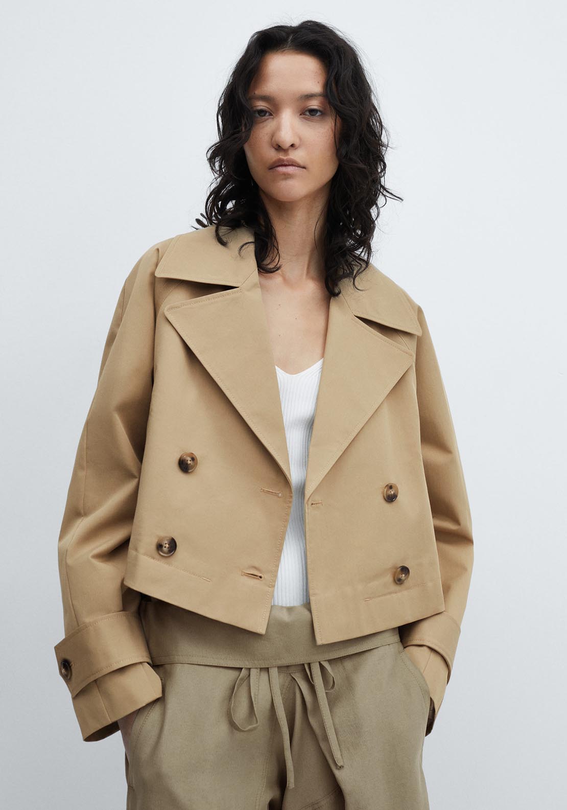 Mango Cropped trench coat with lapels 1 Shaws Department Stores