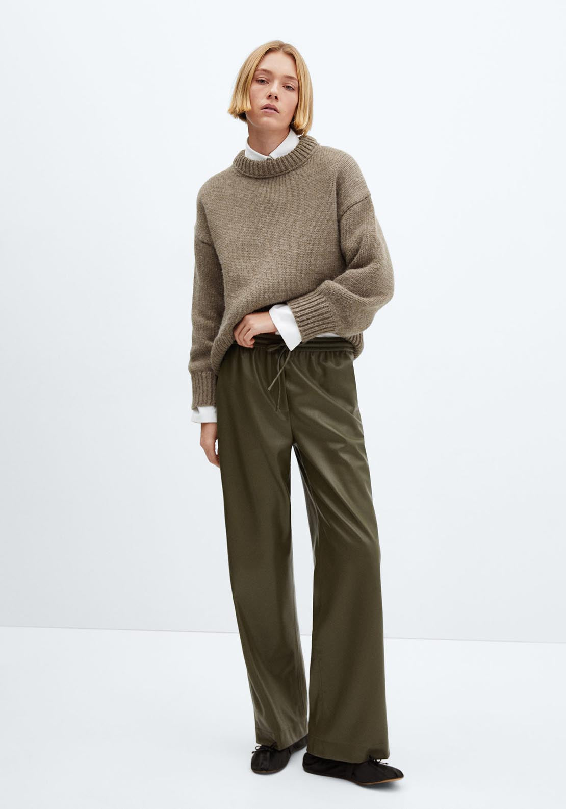 Mango Leather-effect elastic waist trousers 1 Shaws Department Stores