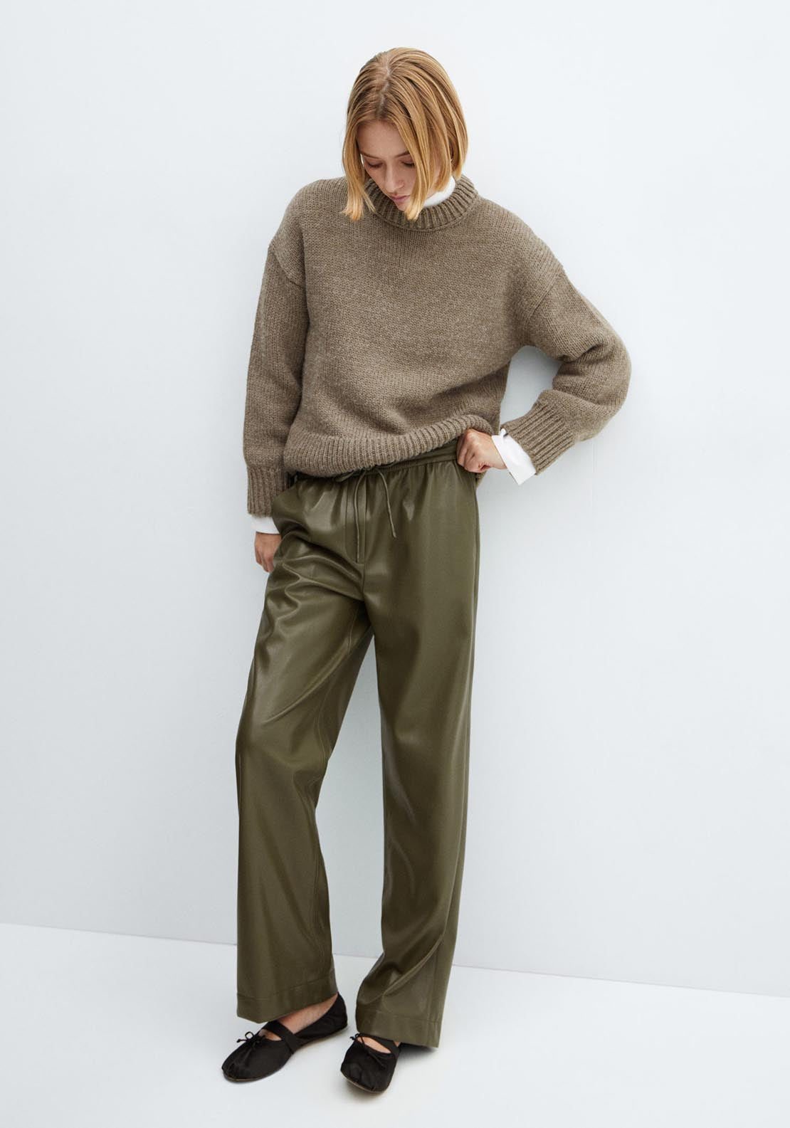 Mango Leather-effect elastic waist trousers 3 Shaws Department Stores