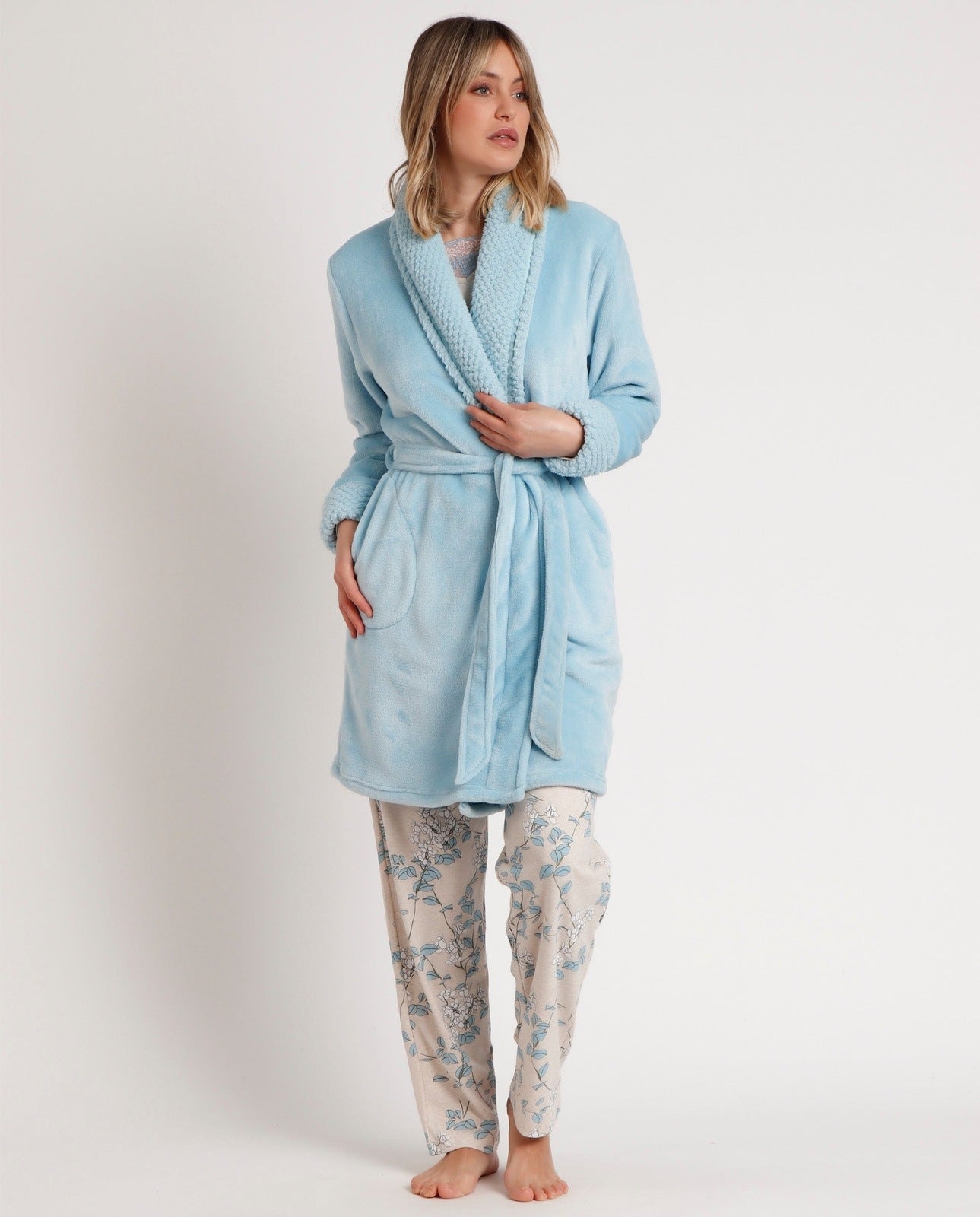 Admas Dressing Gown Contrast Collar - Blue 1 Shaws Department Stores