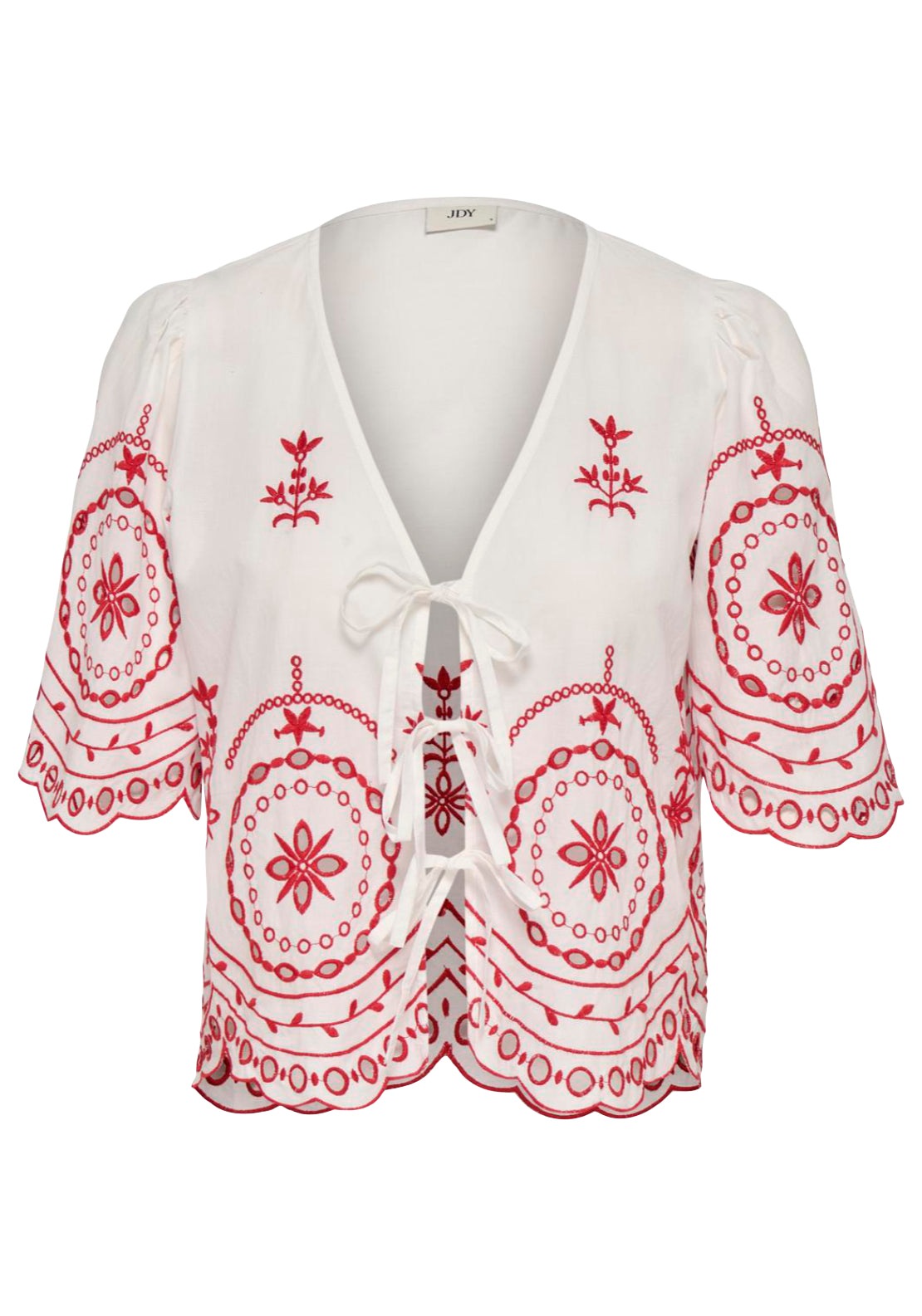 Jdy Polly Short Sleeve Embroidery Tie Top - Cloud Dancer/tomato Emb 1 Shaws Department Stores