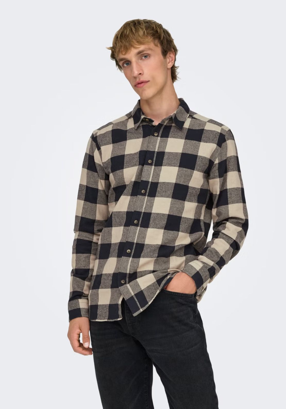 Only &amp; Sons Onsgudmund Check Shirt - Blue 1 Shaws Department Stores