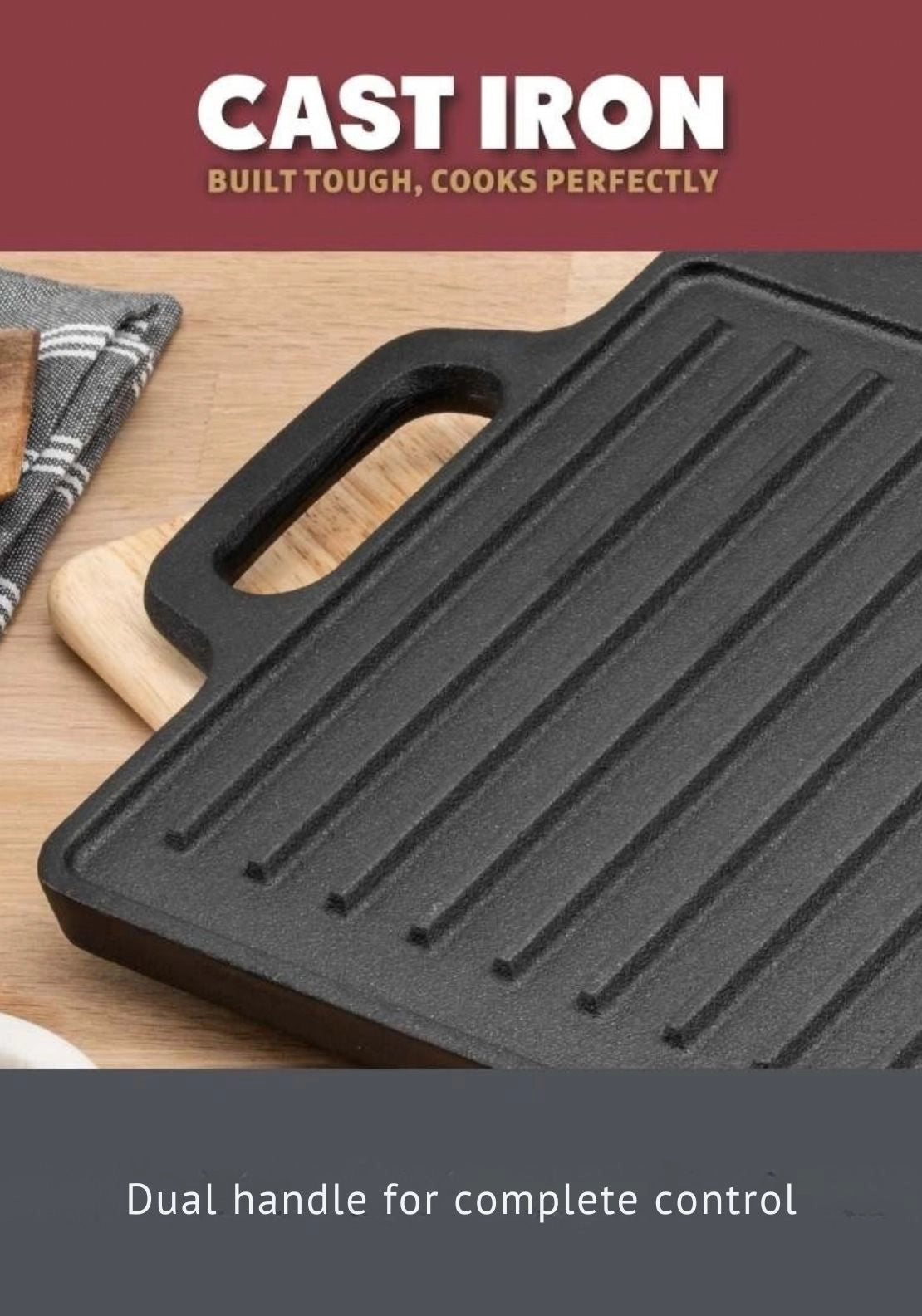 Cast Iron Double Griddle 45cm x 22.5cm - Black