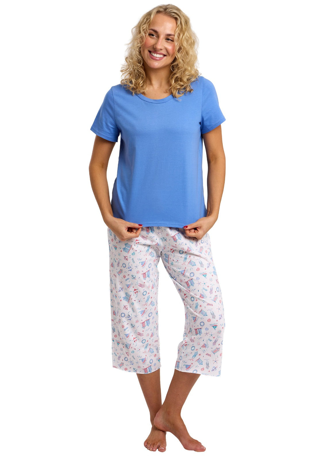 Indigo Sky 100% Cotton Beach Print Cropped Pyjama Set - Blue 3 Shaws Department Stores