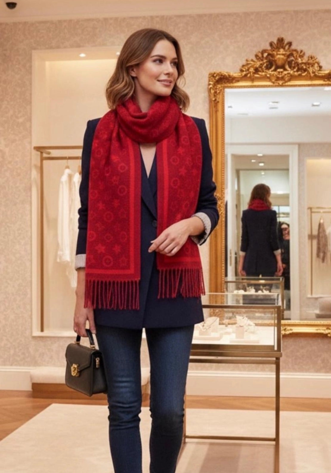 Anthea Monogram Print Boxed Scarf - Red 2 Shaws Department Stores