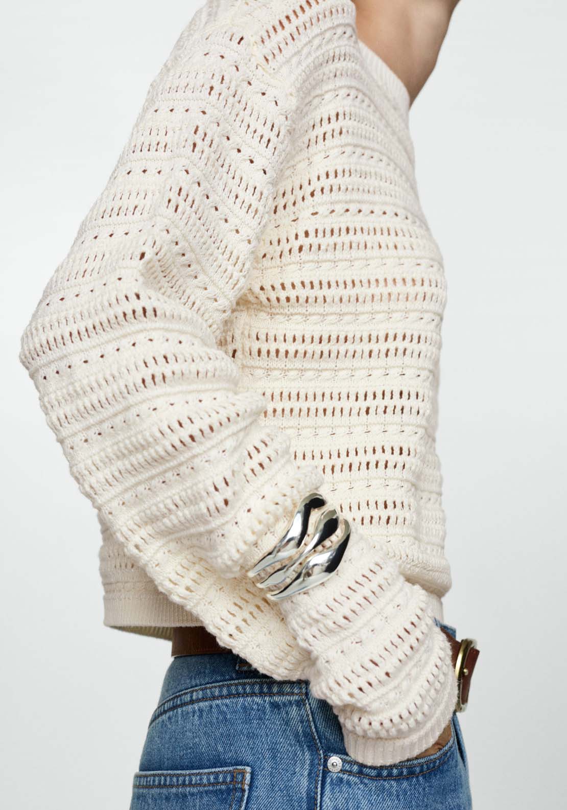 Mango Openwork knit sweater - Light Beige 3 Shaws Department Stores