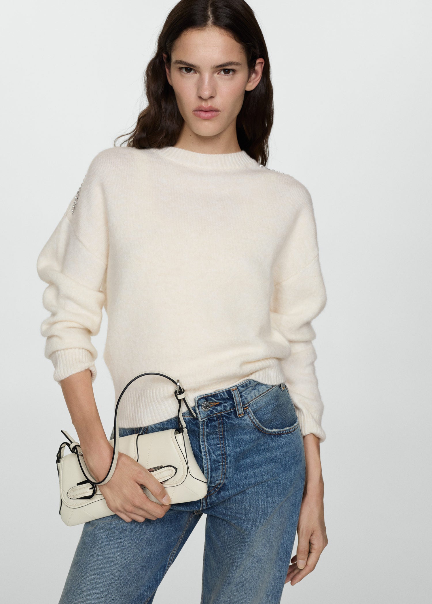 Mango Knitted sweater with glitter detail - White 1 Shaws Department Stores