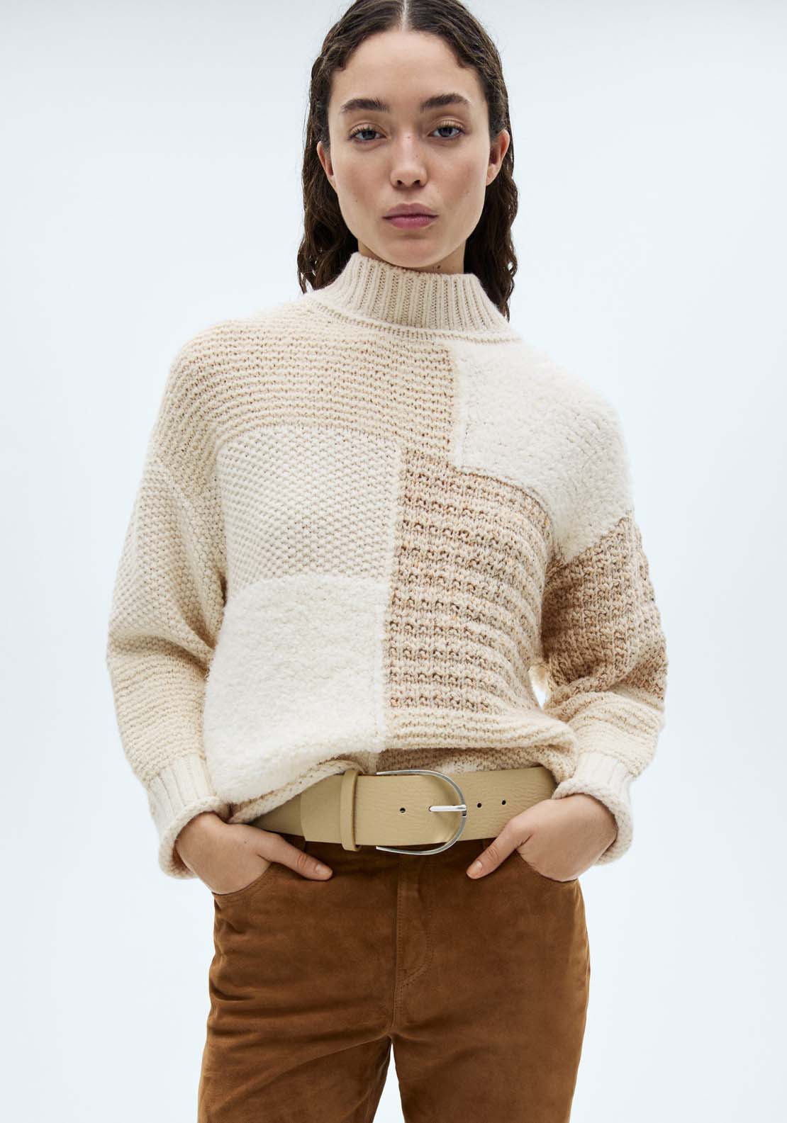 Mango Perkins-neck patchwork sweater - Light Beige 1 Shaws Department Stores