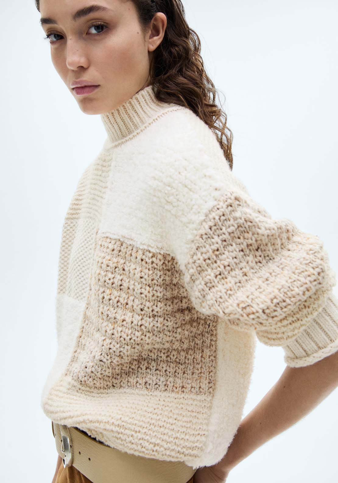 Mango Perkins-neck patchwork sweater - Light Beige 2 Shaws Department Stores