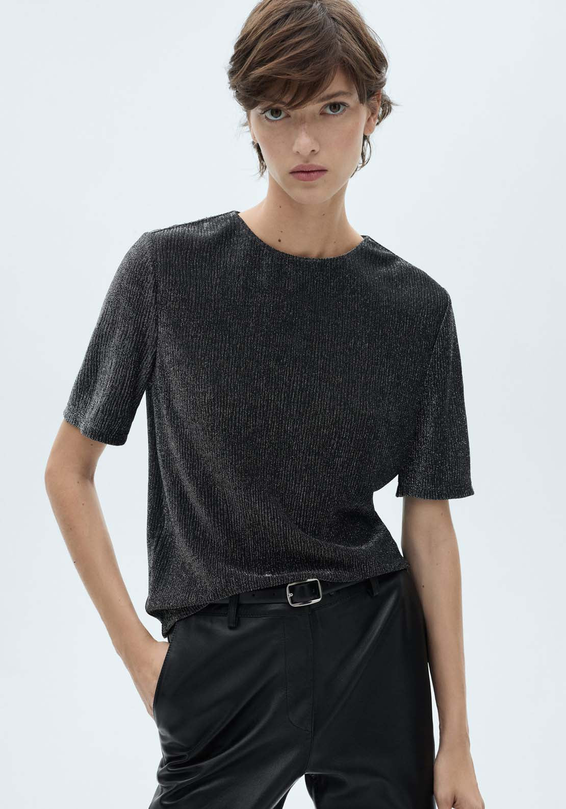 Mango Lurex short-sleeved t-shirt - Silver 1 Shaws Department Stores