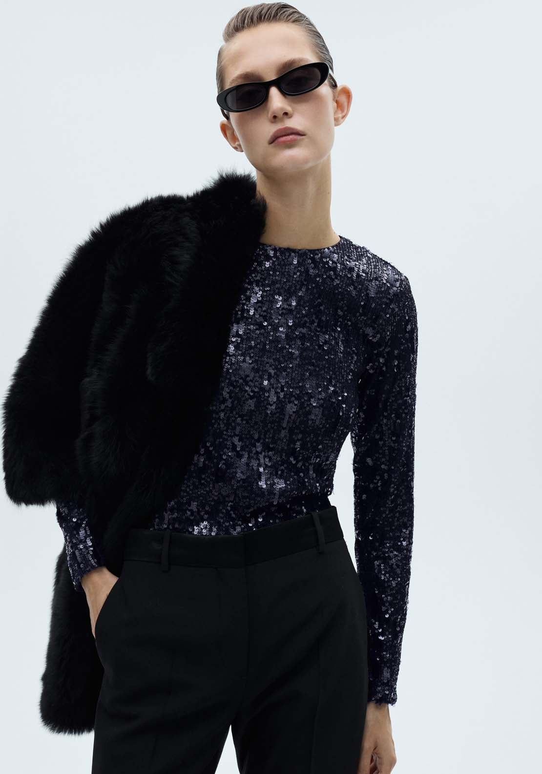 Mango Long-sleeved t-shirt with sequins - Navy 1 Shaws Department Stores