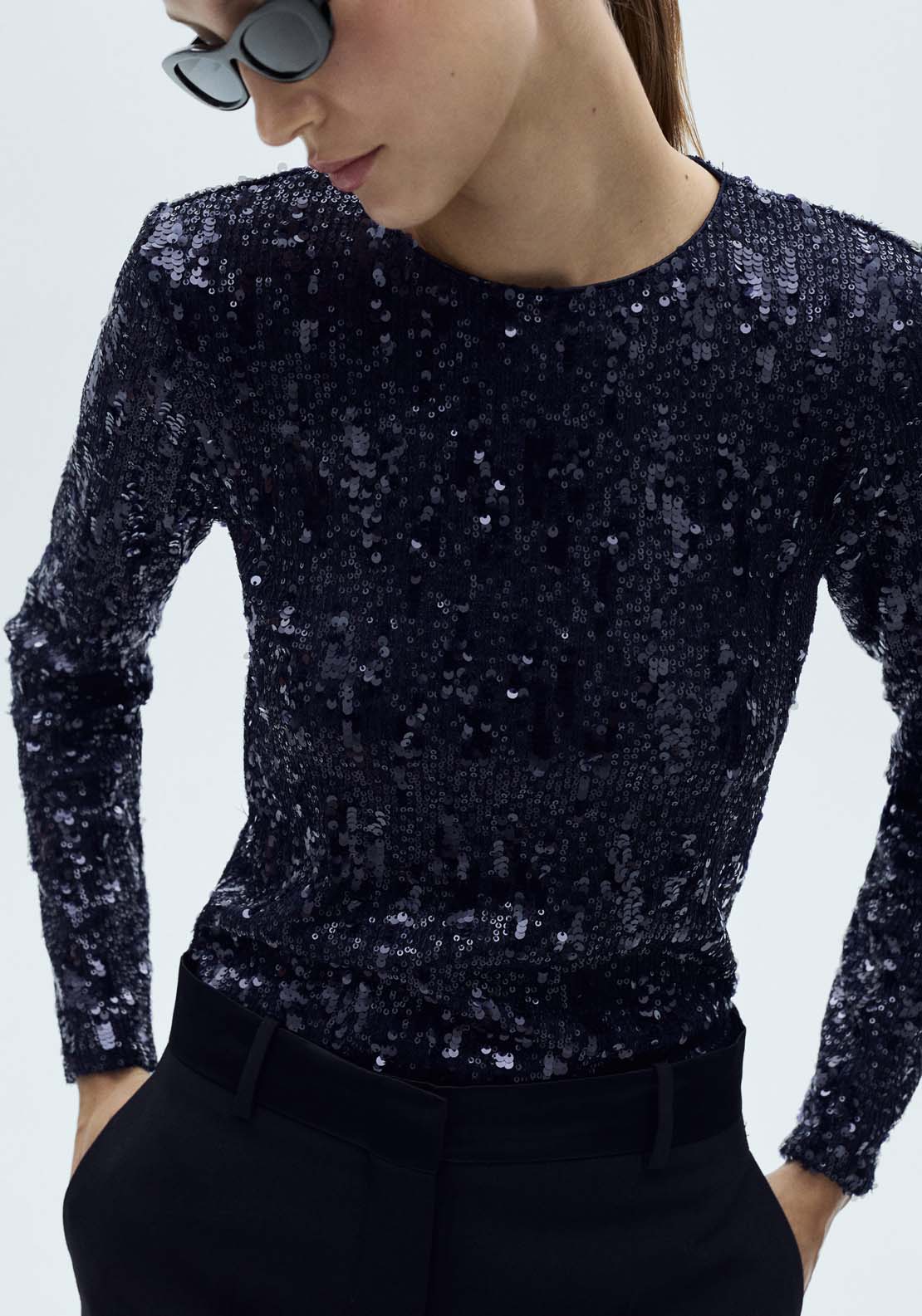 Mango Long-sleeved t-shirt with sequins - Navy 2 Shaws Department Stores