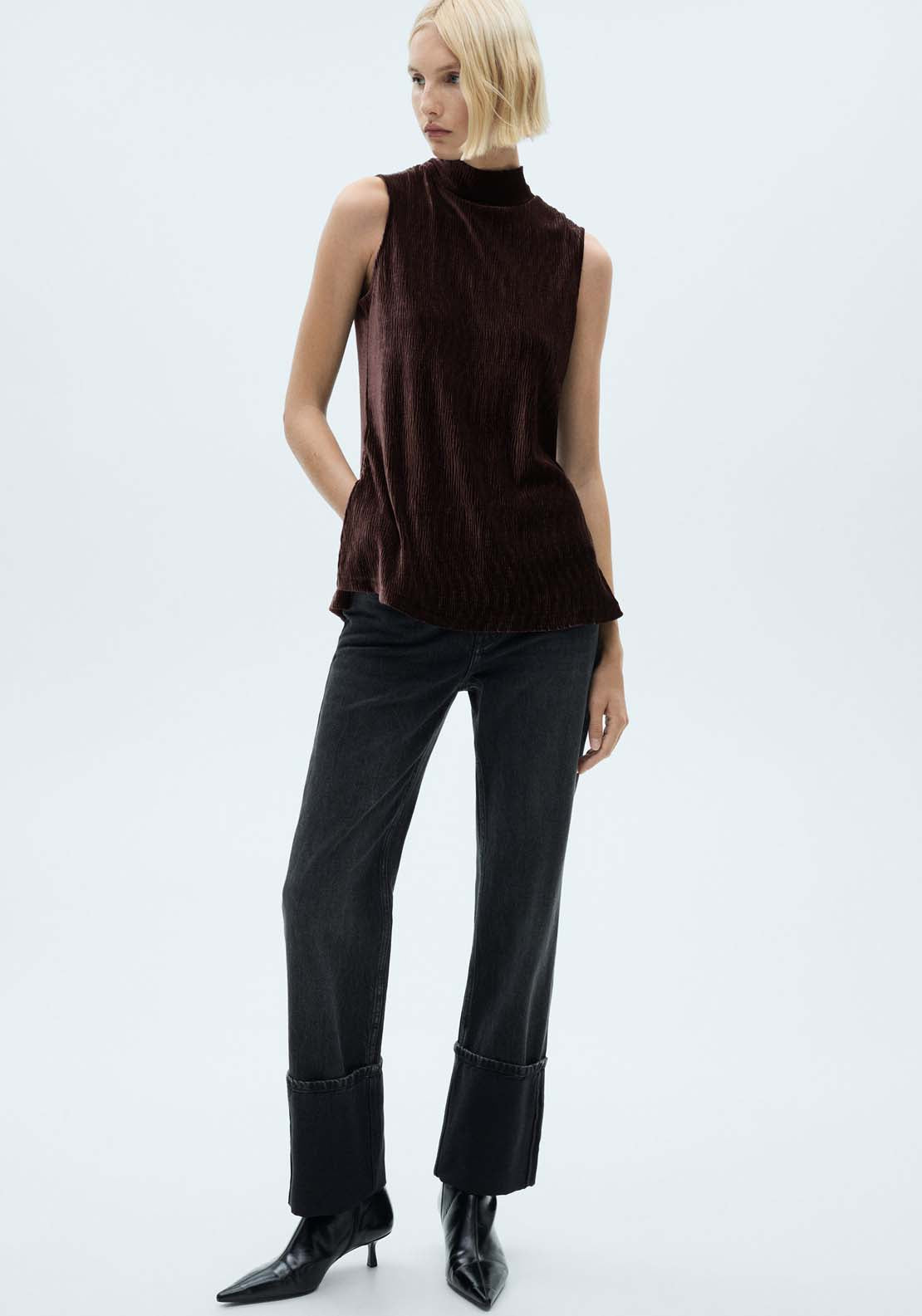 Mango Perkins neck velvet top - Dark Red 4 Shaws Department Stores