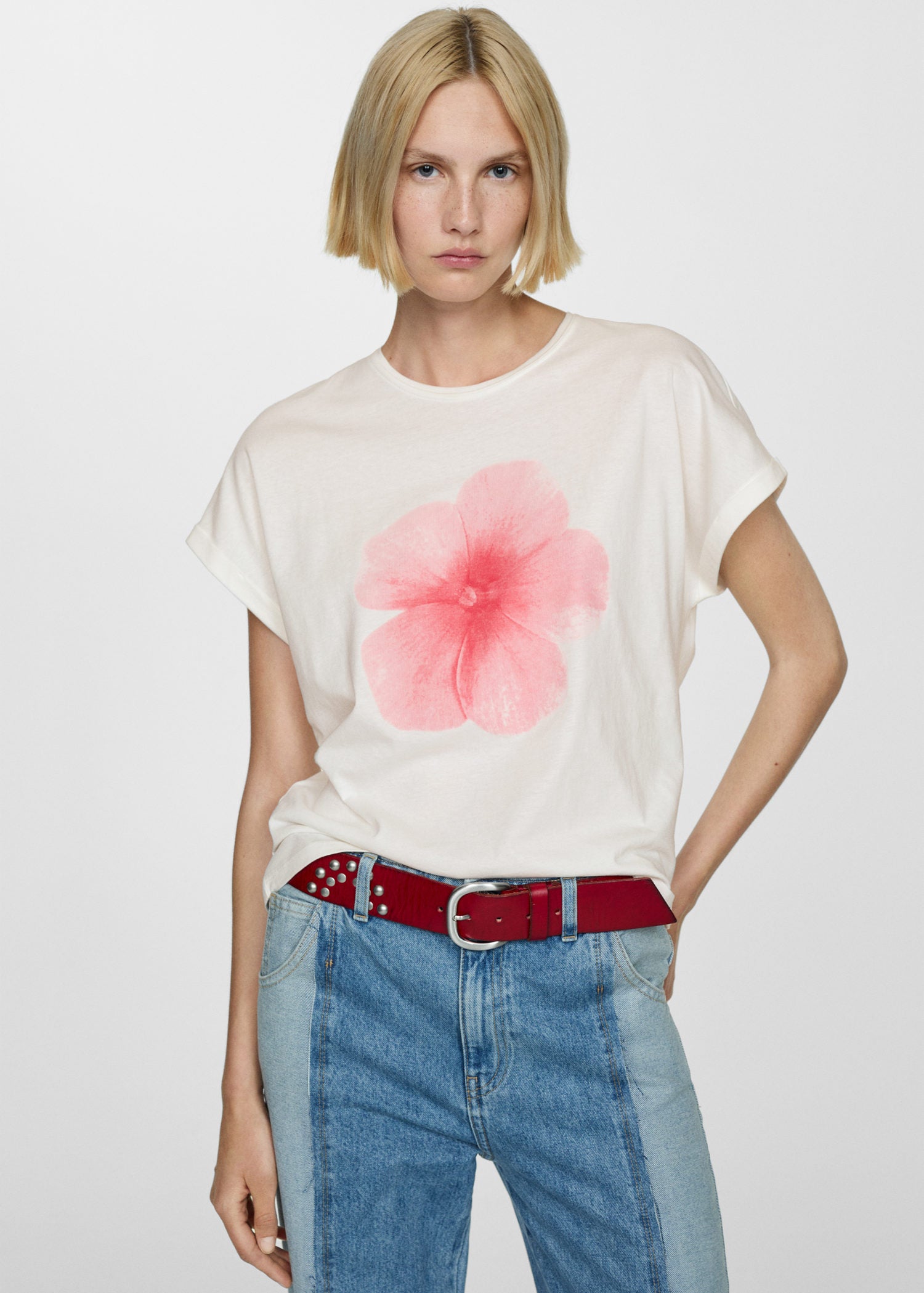 Mango Printed cotton-blend T-shirt 1 Shaws Department Stores