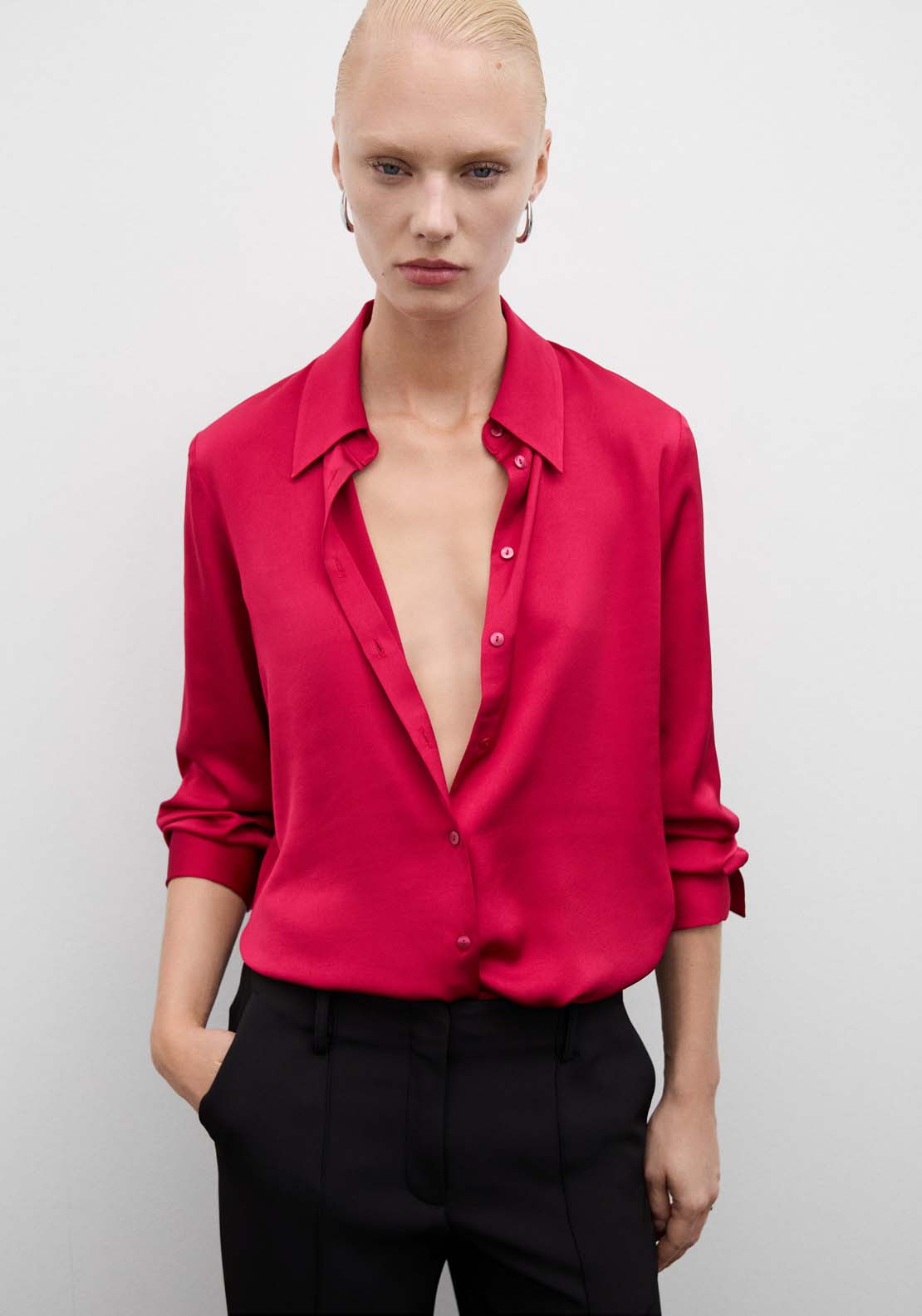 Mango Satin finish flowy shirt - Bright Pink 1 Shaws Department Stores