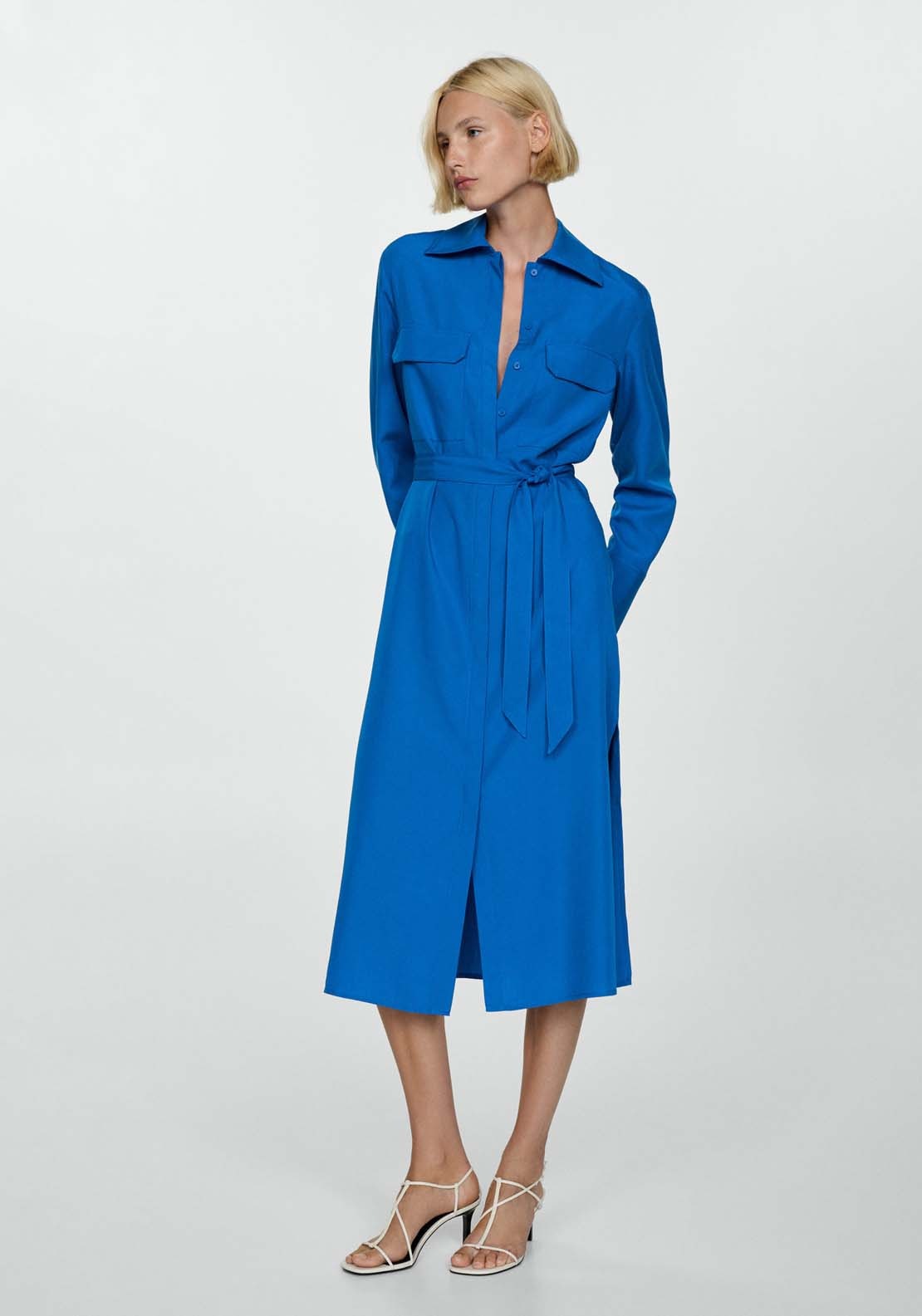 Mango Lyocell shirt dress with bow - Medium Blue 1 Shaws Department Stores