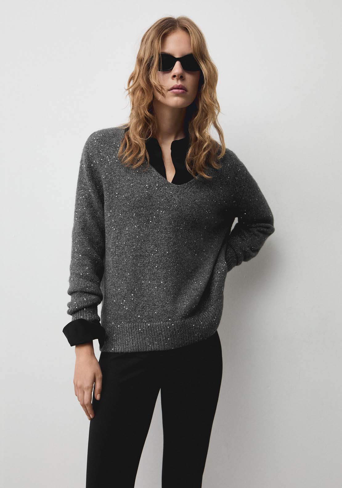 Mango V-neck sequin sweater - Charcoal 1 Shaws Department Stores