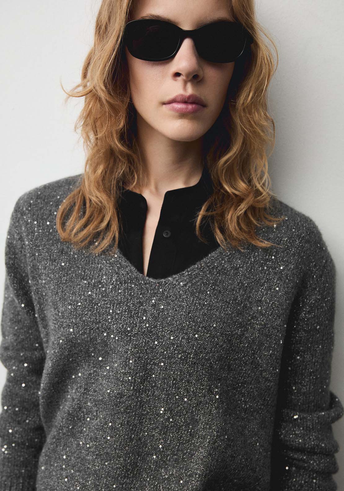 Mango V-neck sequin sweater - Charcoal 5 Shaws Department Stores
