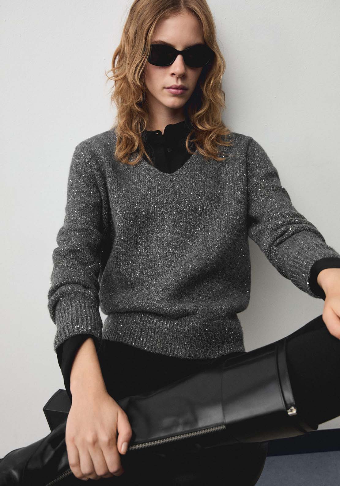 Mango V-neck sequin sweater - Charcoal 2 Shaws Department Stores