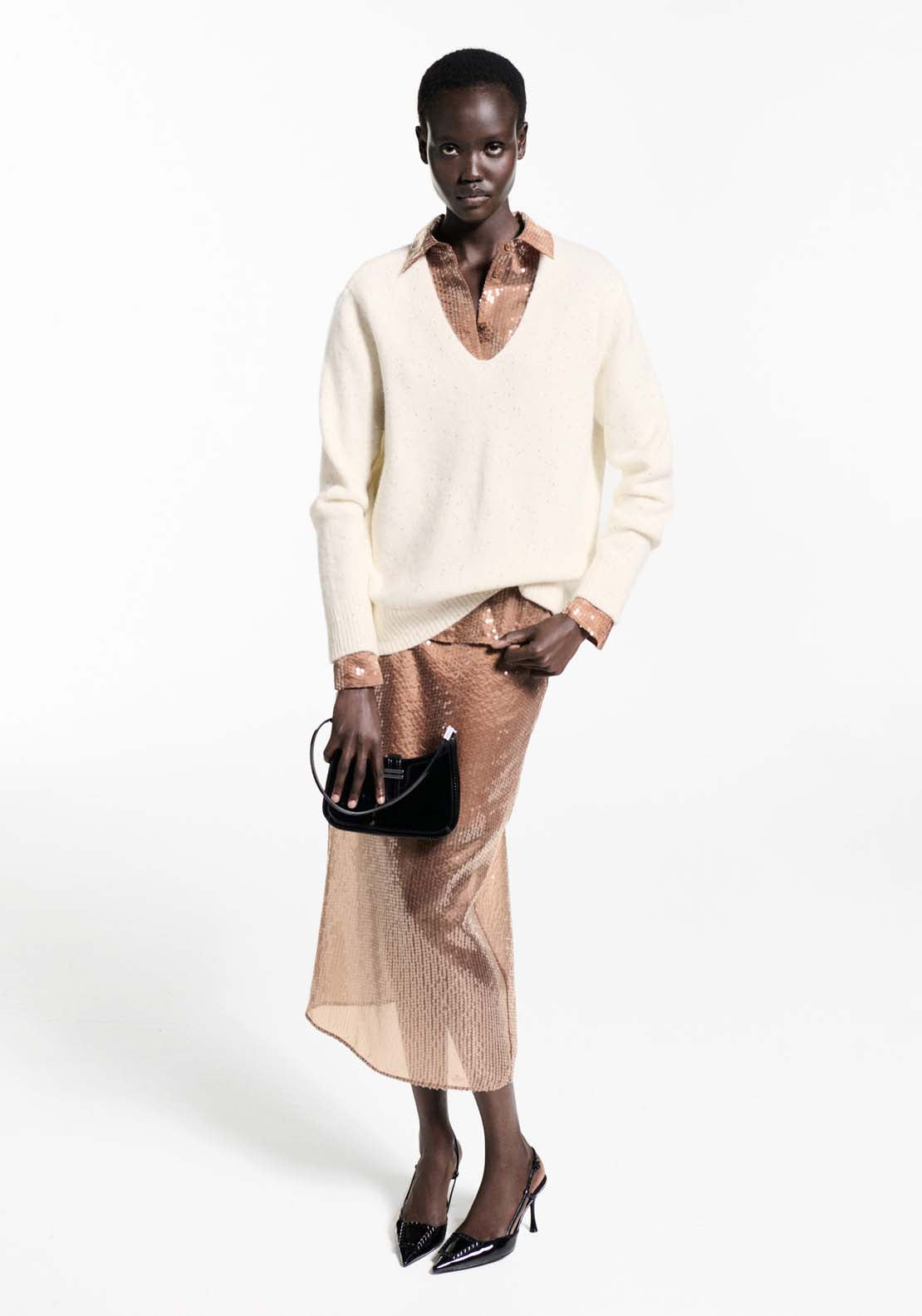 Mango V-neck sequin sweater - Gold 2 Shaws Department Stores