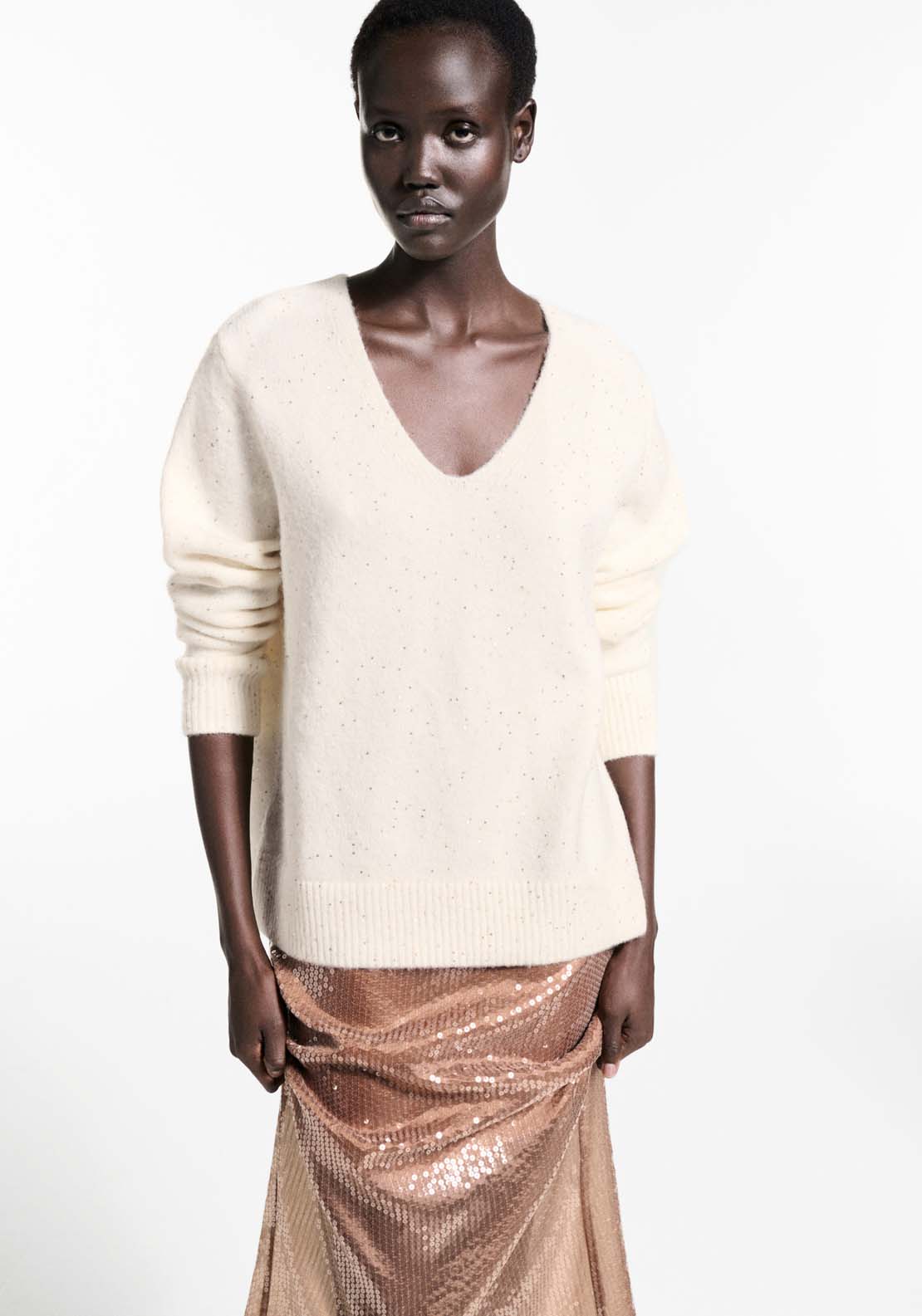 Mango V-neck sequin sweater - Gold 1 Shaws Department Stores