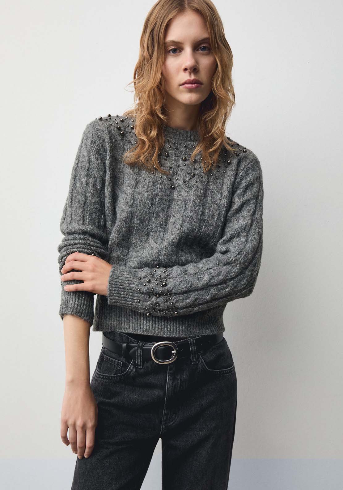 Mango Braided sweater with bead detail - Gray 1 Shaws Department Stores