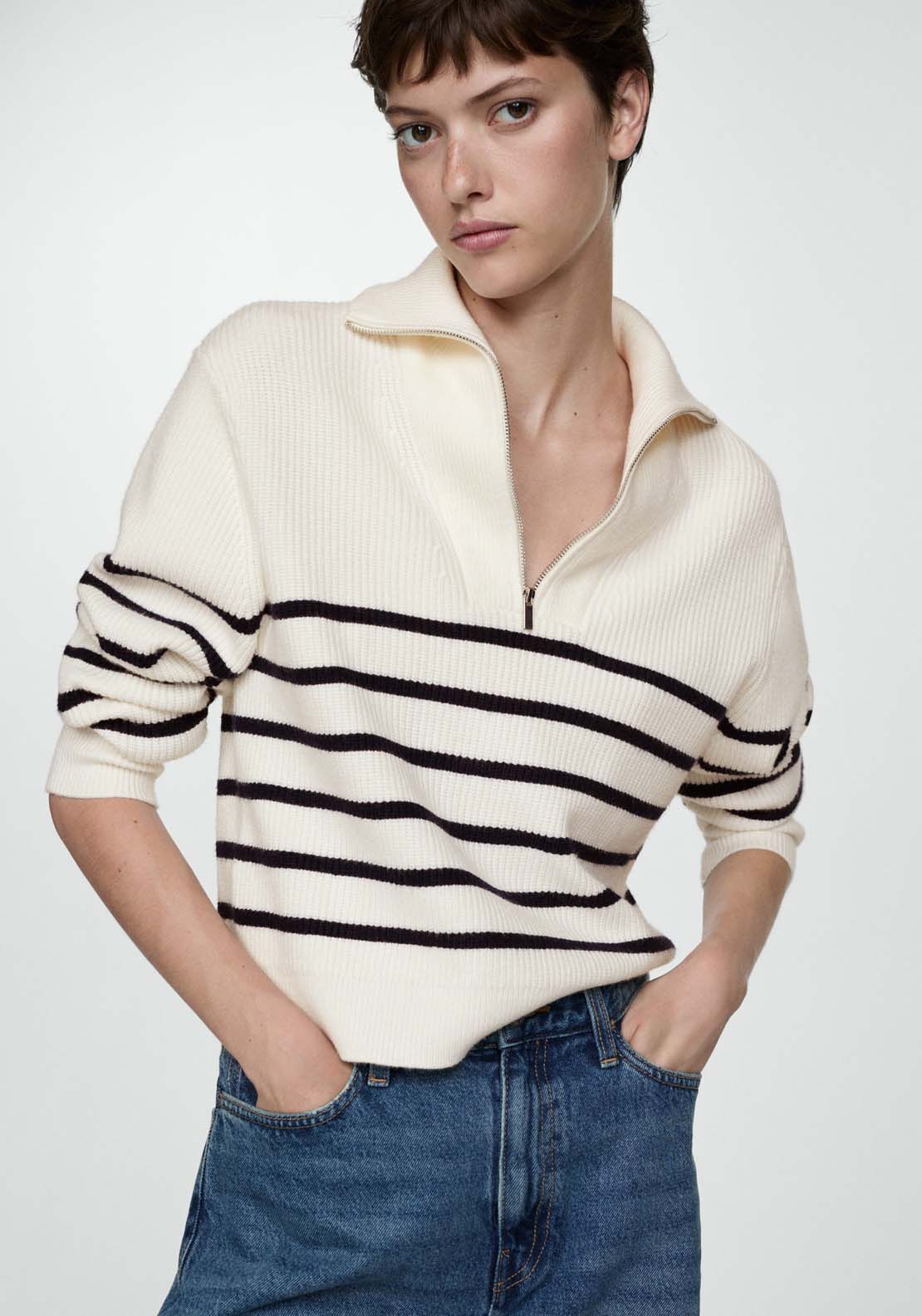 Mango Striped sweater with zip - Navy 1 Shaws Department Stores