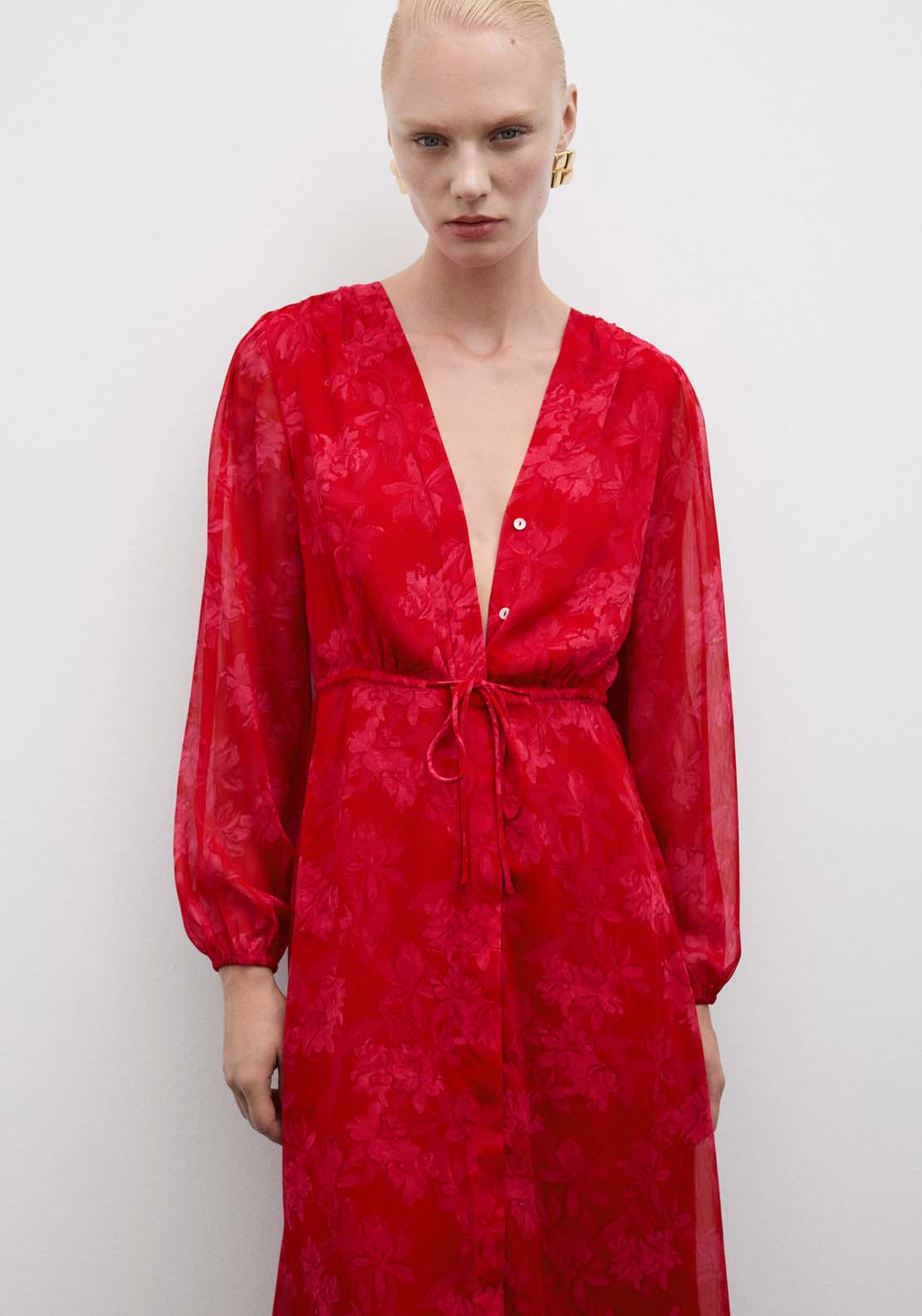 Mango Floral-print dress with knot detail - Bright Red 2 Shaws Department Stores
