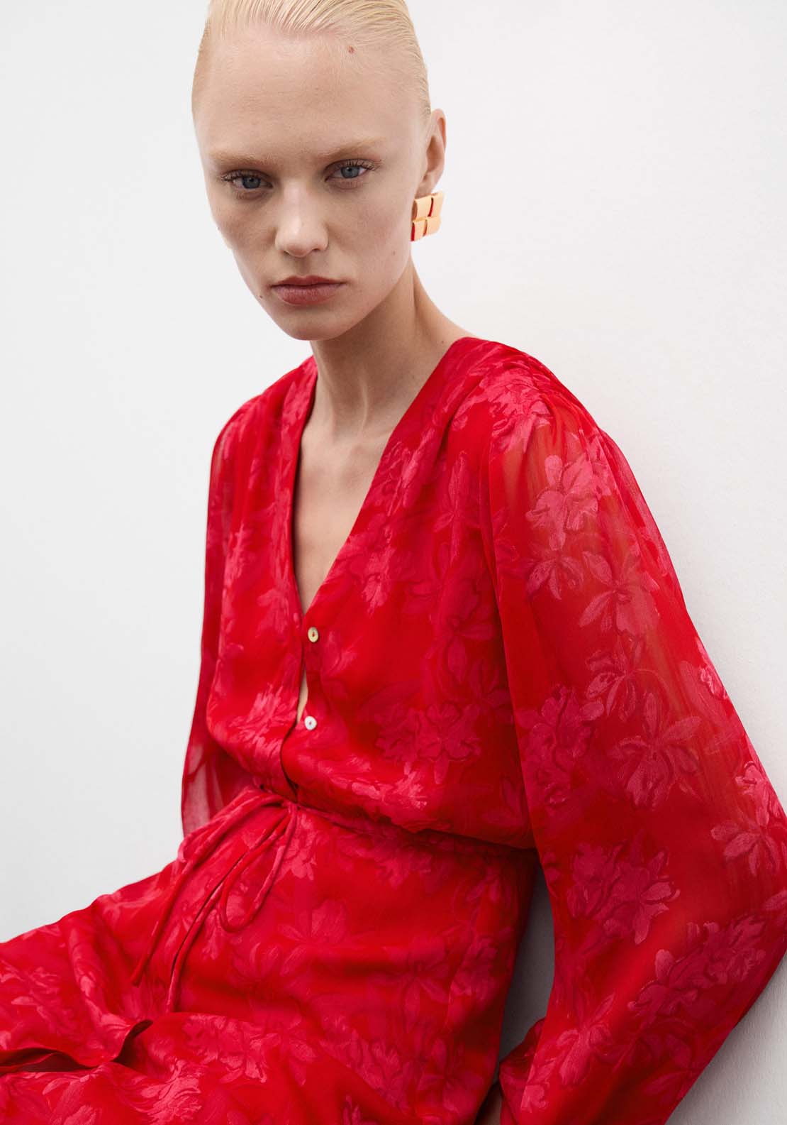 Mango Floral-print dress with knot detail - Bright Red 3 Shaws Department Stores