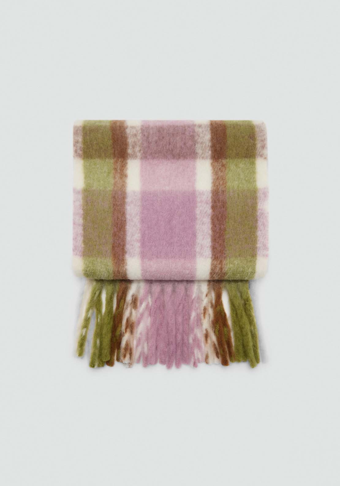 Mango Check scarf with fringed ends - Green 1 Shaws Department Stores