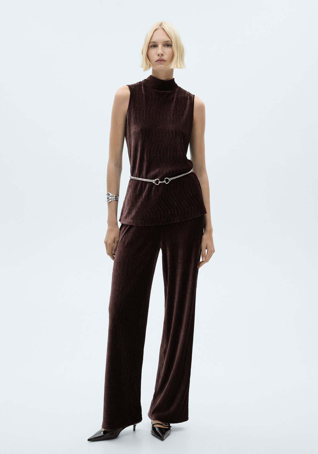 Mango Wide leg velvet trousers - Dark Red 2 Shaws Department Stores