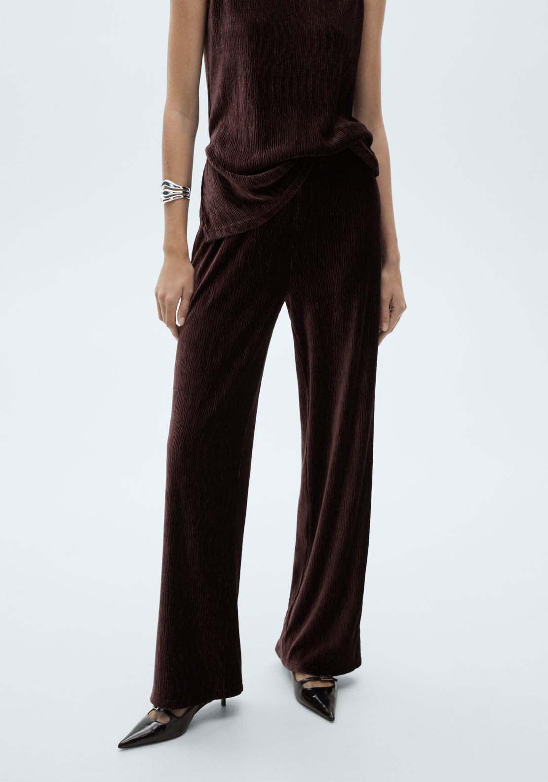 Mango Wide leg velvet trousers - Dark Red 1 Shaws Department Stores